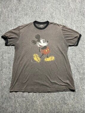 Disney Parks Mickey Mouse Ringer T Shirt Gray Black Distressed Graphic Mens L